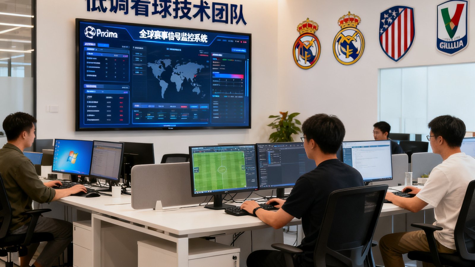 低调看球技术团队在现代化开放式办公室工作的场景，大屏幕显示全球赛事信号监控系统，墙上挂着各联赛标志，团队成员专注地操作电脑